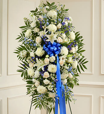 Deepest Sympathies Standing Spray - Blue & White