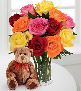 Birthday Bear Hugs Rose Bouquet
