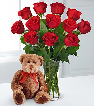Cuddles & Kisses Valentine Rose Bouquet & Bear